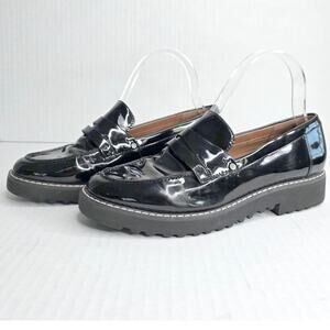 Franco Sarto Black Patent Penny Loafers 7 Lug Sole Chunky Platform Enamel Shoes